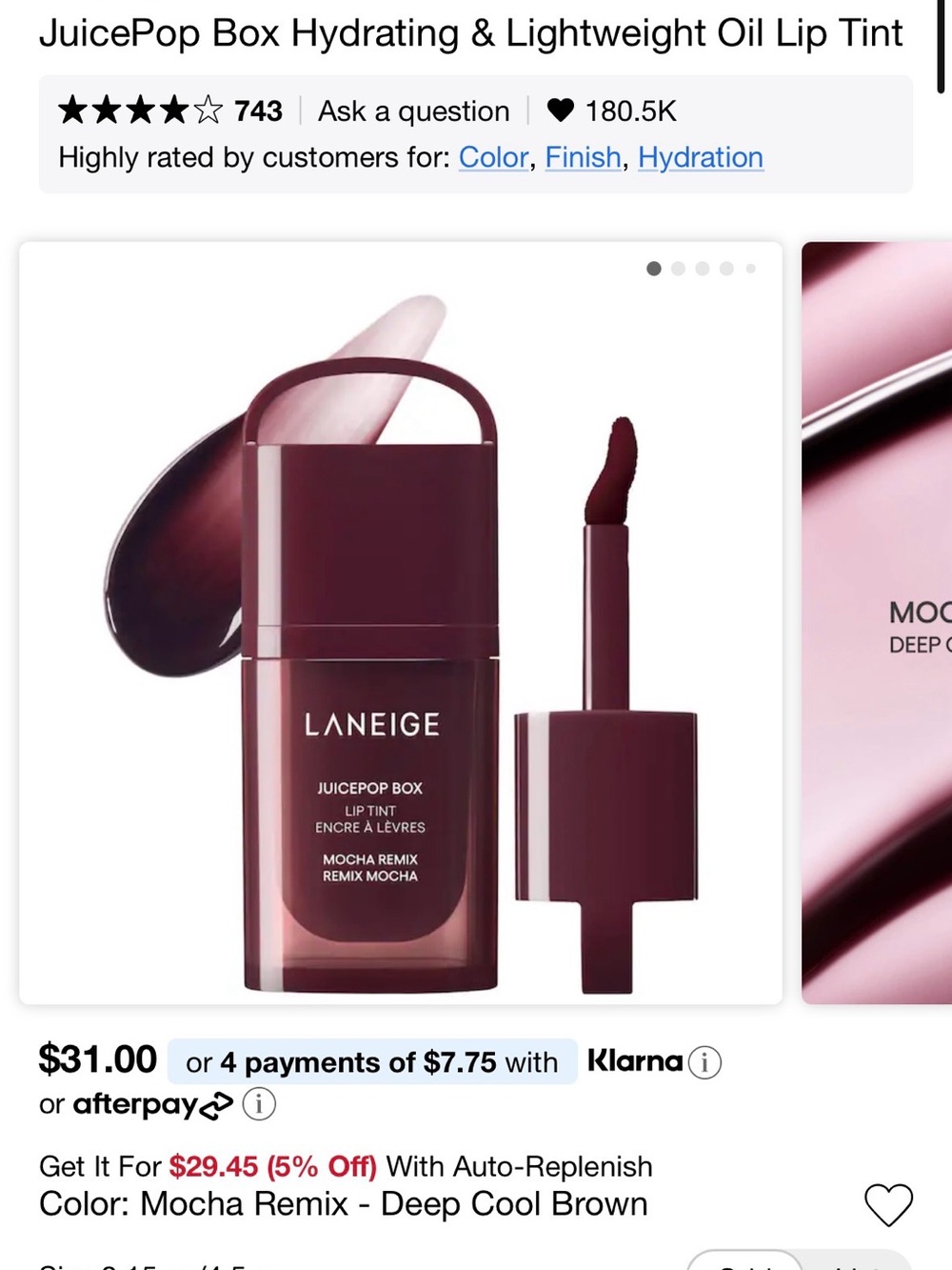 LANEIGE JuicePop Box Hydrating & Lightweight Oil Lip Tint - Mocha Remix